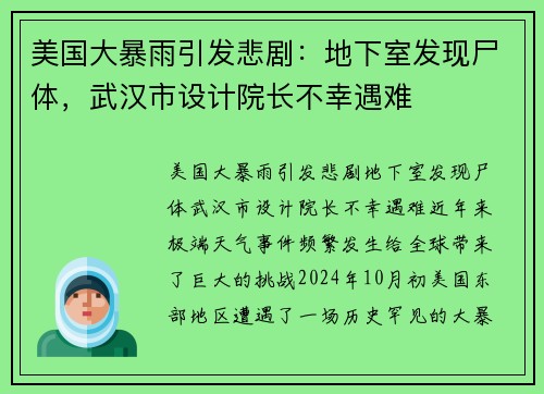 美国大暴雨引发悲剧：地下室发现尸体，武汉市设计院长不幸遇难