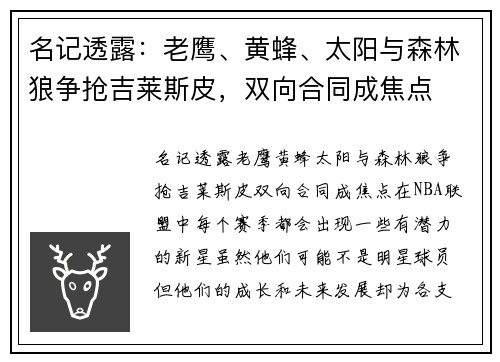 名记透露：老鹰、黄蜂、太阳与森林狼争抢吉莱斯皮，双向合同成焦点