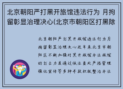 北京朝阳严打黑开旅馆违法行为 月拘留彰显治理决心(北京市朝阳区打黑除恶电话)