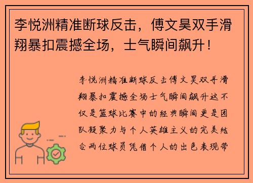 李悦洲精准断球反击，傅文昊双手滑翔暴扣震撼全场，士气瞬间飙升！