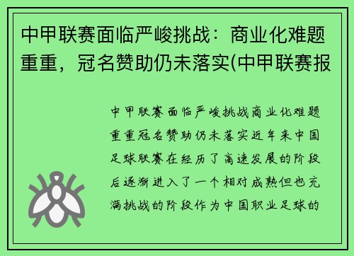 中甲联赛面临严峻挑战：商业化难题重重，冠名赞助仍未落实(中甲联赛报道)